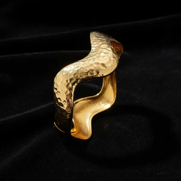 Gold_Plated_Brass_Hammered_Finish_Wavy_Sculptural_Bangle_Bracelet_For_Women
